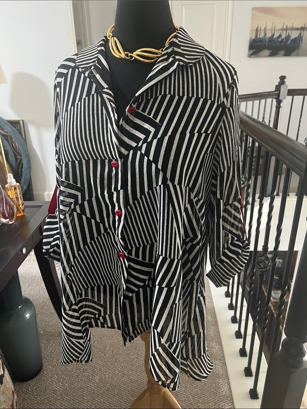 Black & White Geometric Stripe Button-Up Shirt IC by Connie K ❤️